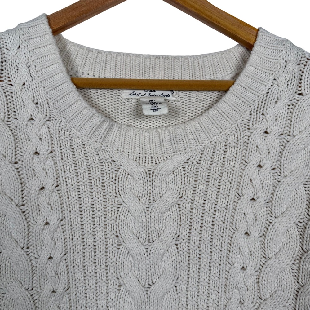 H&M L.O.G.G. Cable Knit Sweater Womens Large Cream Ivory High Low Side Slit Top